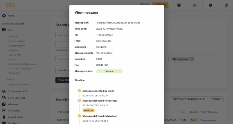 Google Lead Form and Sinch integration | Result of the data transfer to Sinch