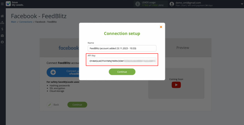 FeedBlitz and Facebook integration | Paste an API key into the appropriate field in SaveMyLeads