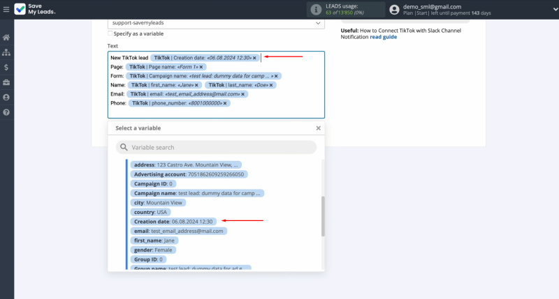 TikTok and Slack integration | Click in the field and choose the variable from the drop-down menu