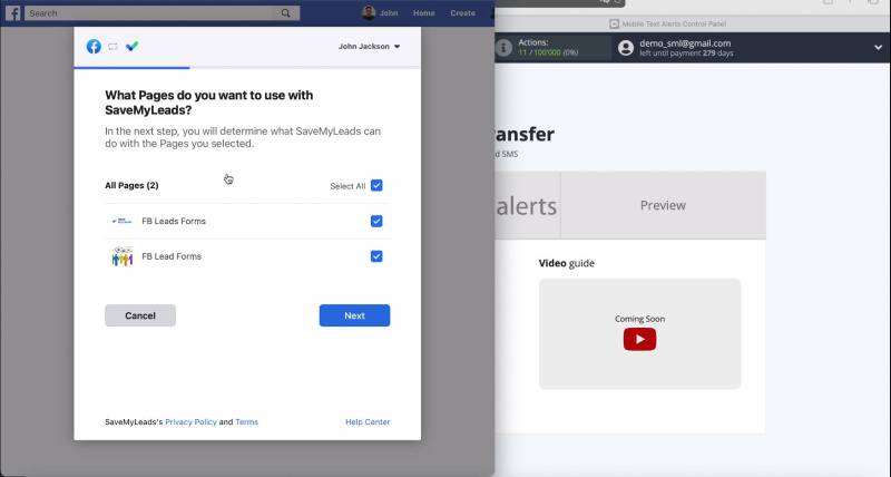 Facebook and Mobile Text Alerts integration | Check all advertising pages