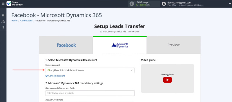 Facebook and Microsoft Dynamics 365 integration | Select&nbsp;Microsoft Dynamics 365 account