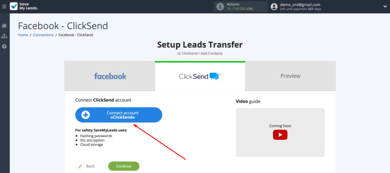 Facebook and ClickSend integration | Connect the ClickSend account to the SaveMyLeads