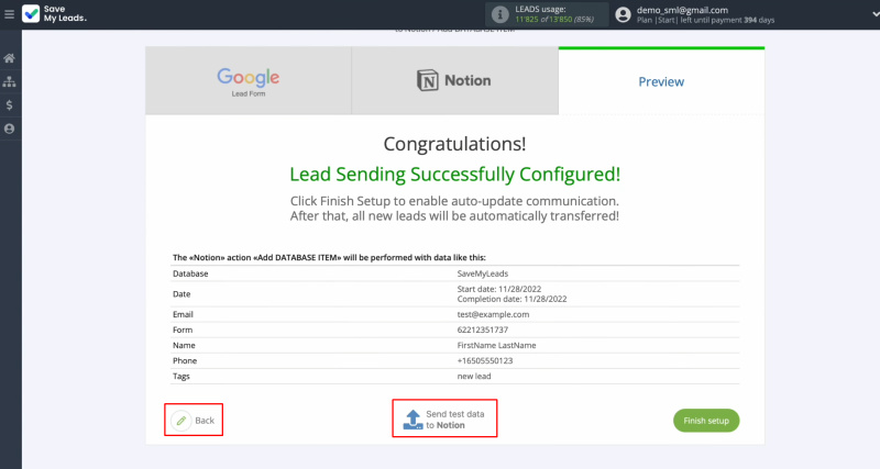 Google Ads Lead Form and Notion integration | Click "Send Test Data to Notion”