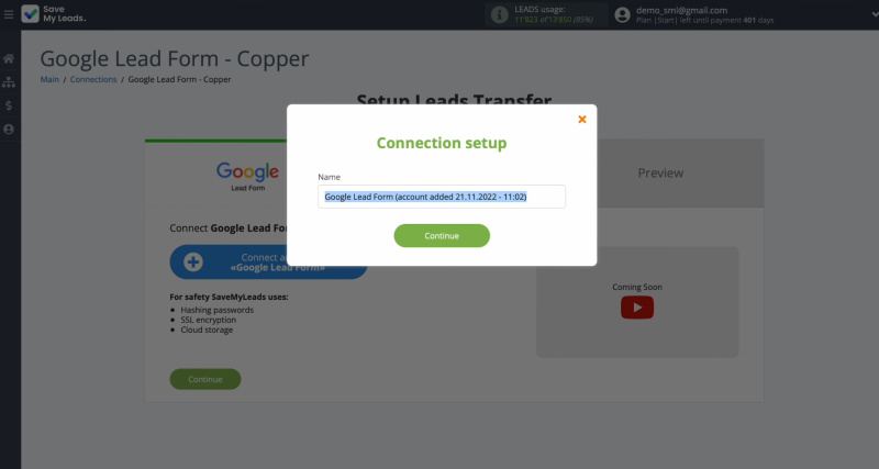 Google Lead Form and Copper integration | You can assign a name to your connection