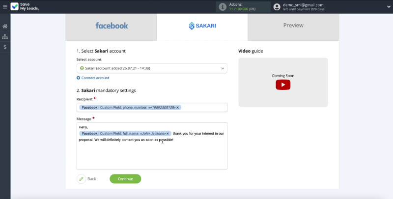How to Send SMS via Sakari from New Facebook Leads | Fill in the fields with variables