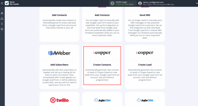Google Lead Form and Copper integration | Choose Copper (Create Contacts)
