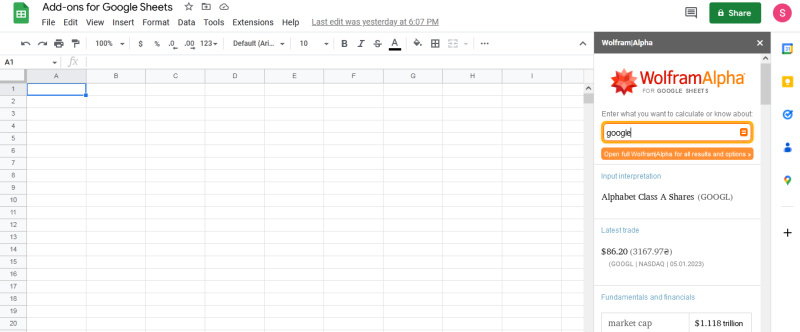 Extensions for Google Sheets | Wolfram Alpha