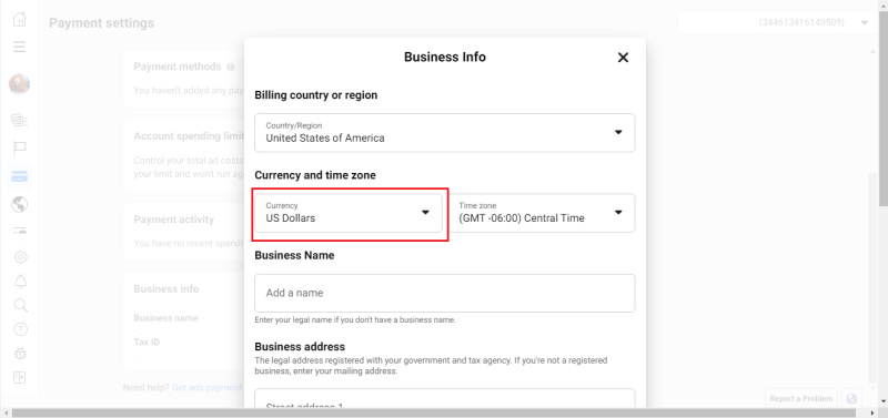Facebook Ads Manager basic settings | Currency