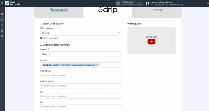 Facebook and Drip integration | Select an account