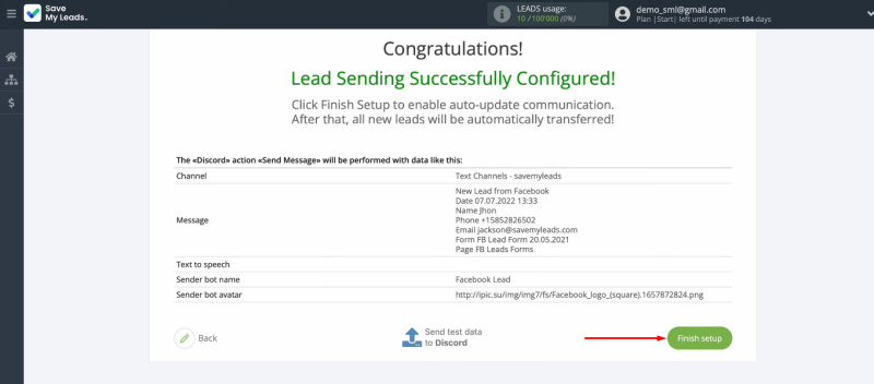 Facebook and Discord integration | Click "Finish setup"
