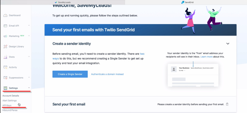 Facebook and SendGrid integration | Go to the "API Keys" section
