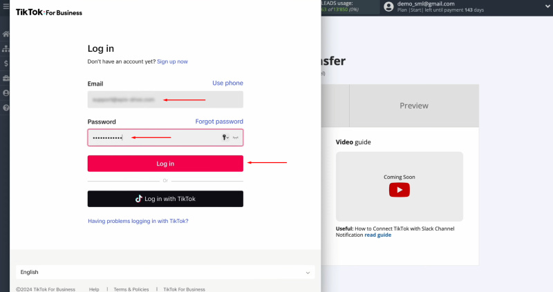 TikTok and Slack integration | Input your TikTok login credentials and click “Log in”