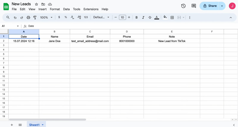 TikTok and Google Sheets integration | Result of the data transfer to Google Sheets