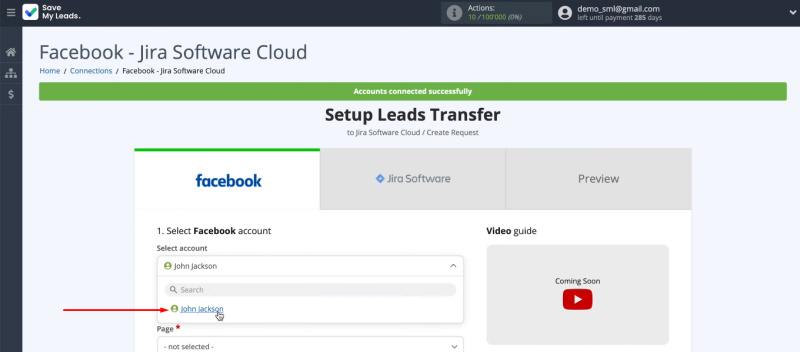 Facebook and Jira Software Cloud integration | Select the added account