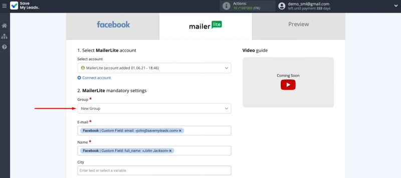 Facebook and MailerLite integration | Select group for contacts