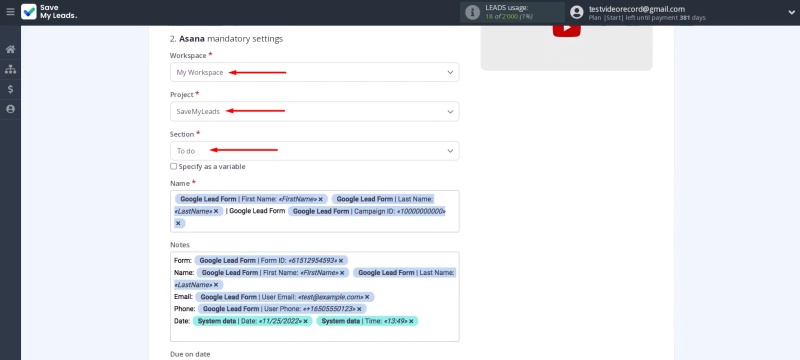 Specify the workspace, project, and section