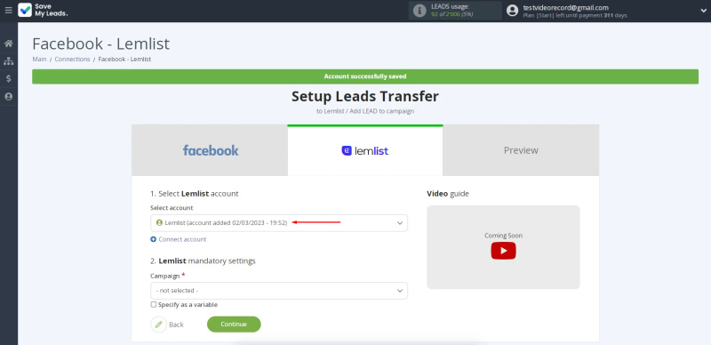 Facebook and Lemlist integration | Select the created login
