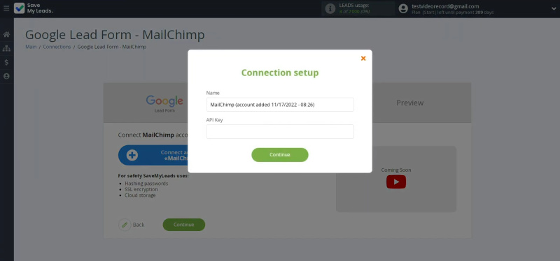 Google Lead Form and Mailchimp integration | Window for specifying the API key