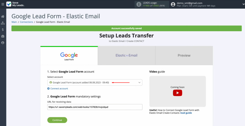 Google Lead Form and Elastic Email integration | Select the connected account