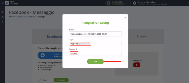 Facebook and Messaggio integration | Enter the login and password