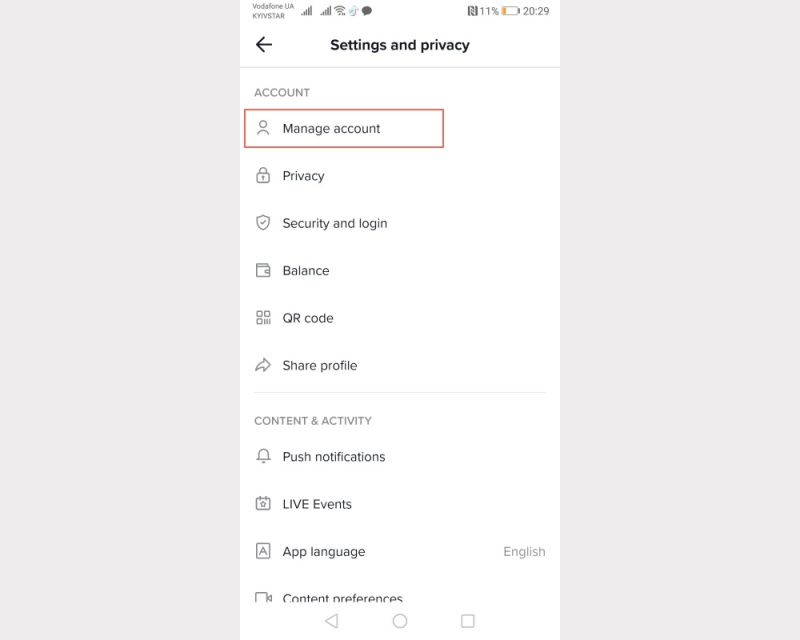 Deleting a TikTok Account | Select Manage account