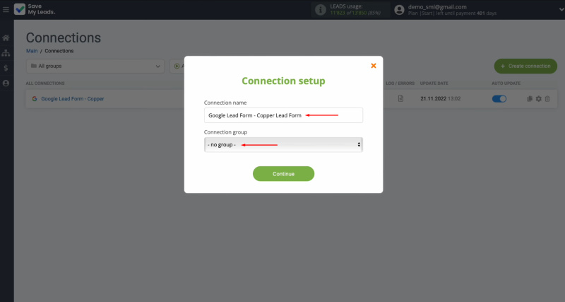 Google Lead Form and Copper integration | Rename the connection and organize it into a group