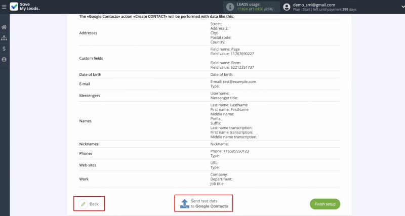Send test data to Google Contacts