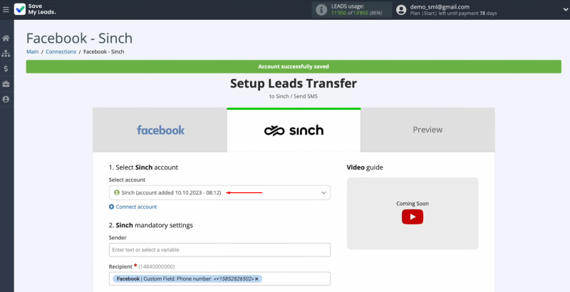Facebook and Sinch integration | Select the connected account