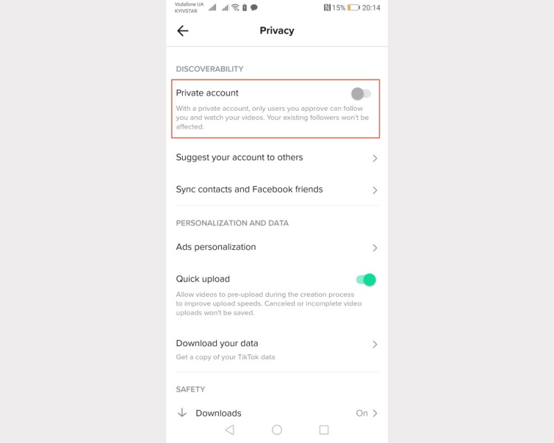 Deleting a TikTok Account | Set the slider to Private account mode