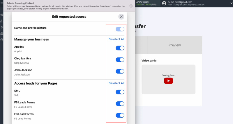 PeopleForce and Facebook integration | Leave all access checkboxes enabled