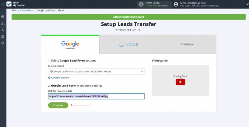 Google Ads Lead Form and Vbout integration | Return to your SaveMyLeads account to complete the setup