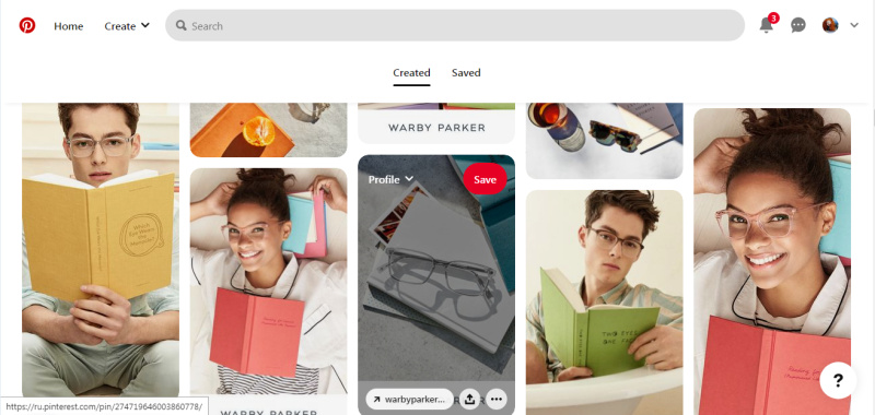 Pinterest page for the Warby Parker eyewear brand