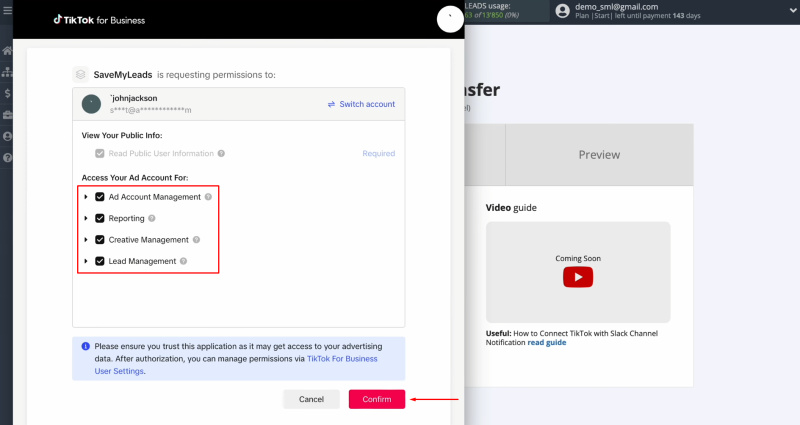 TikTok and Slack integration | Ensure all permission checkboxes are checked