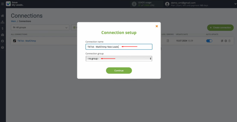 TikTok and Mailchimp integration | Change the connection name and add it to a group