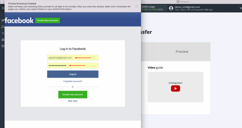 Snov.io and Facebook integration | Specify the login and password