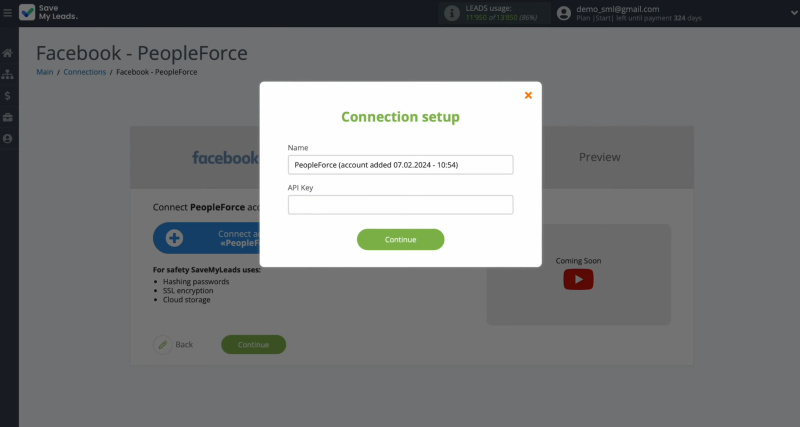 PeopleForce and Facebook integration | In this window, you must specify the API key