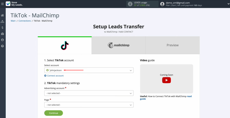TikTok and Mailchimp integration | Select the connected account