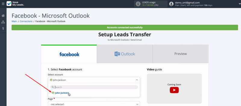 Facebook and Microsoft Outlook integration | Select the required account