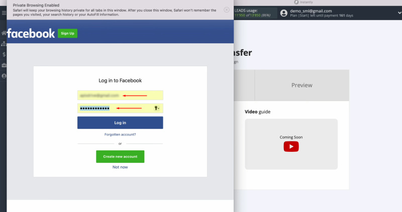 Facebook and Instantly integration | Specify the login and password