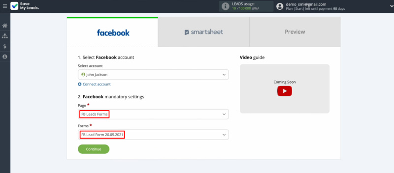 Facebook Lead Ads and Smartsheet integration | Define the required settings