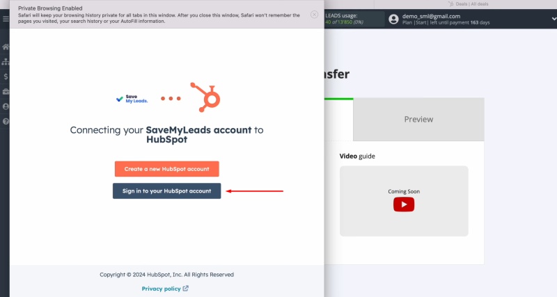 HubSpot and TikTok integration | Click “Sign in to your HubSpot account”