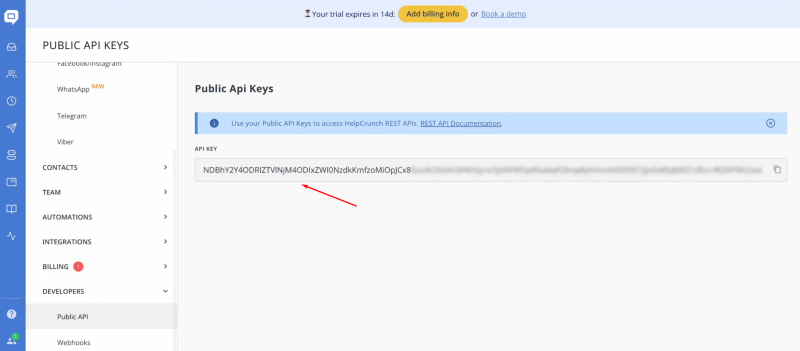 Facebook and HelpCrunch integration | Copy the API key