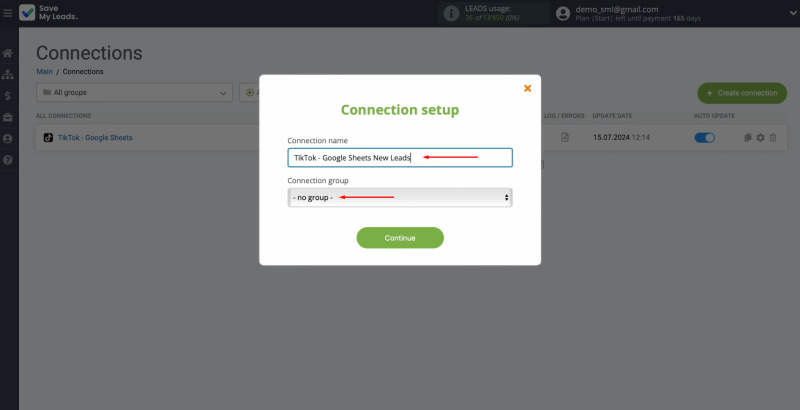 TikTok and Google Sheets integration | Change the connection name and add it to a group
