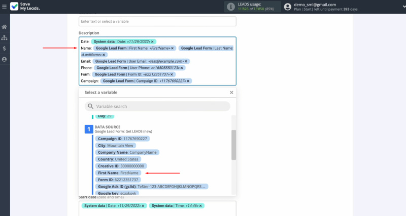 Google Ads Lead Form and ClickUp integration | Select the relevant variable from the drop-down menu