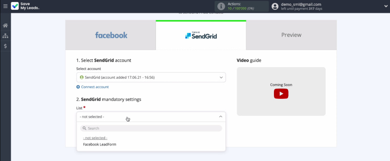 Facebook and SendGrid integration | Specify List