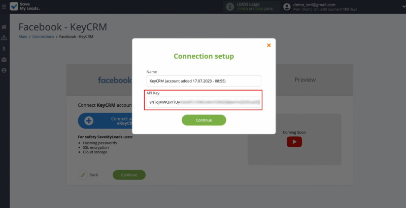 Facebook and KeyCRM integration | Paste the API key into the appropriate field in SaveMyLeads