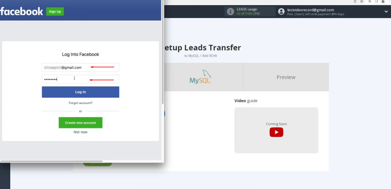 MySQL and Facebook integration | Specify the username and password