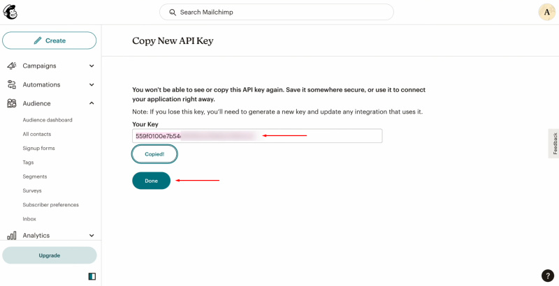 TikTok and Mailchimp integration | Copy the API key and click “Done”