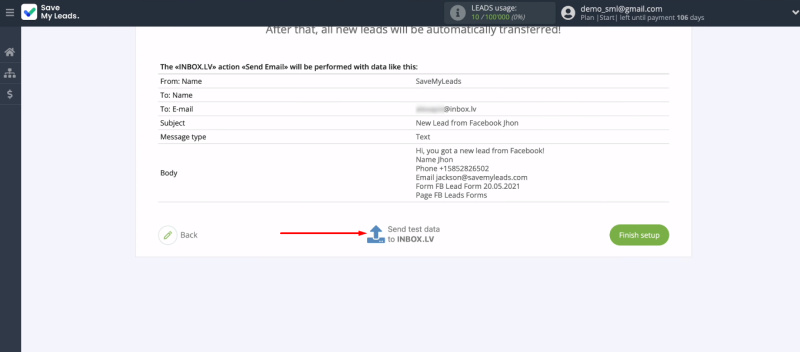 Facebook and INBOX.LV integration | Send test data