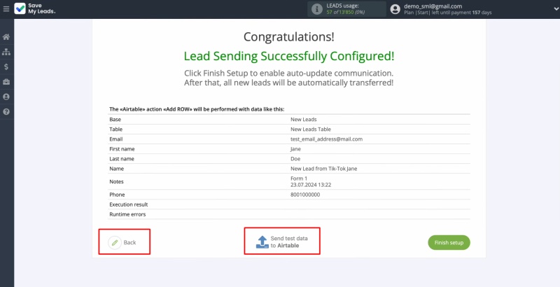 Send test data to Airtable